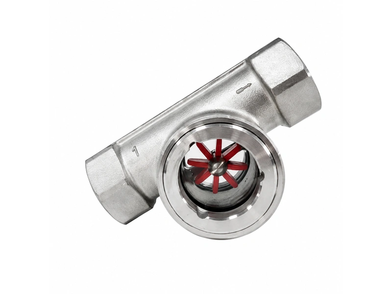 Female-threaded eccentric impeller flow indicator with red impeller.