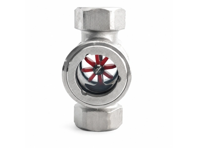 Female-threaded straight-through impeller flow indicator with red impeller.