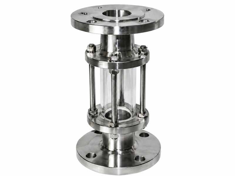 Multi-connection tubular sight glass with flanged connections on both ends.