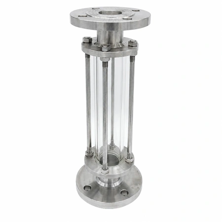 Multi-connection tubular sight glass with flanged connections.