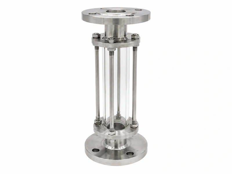 Multi-connection tubular sight glass with flanged connections.