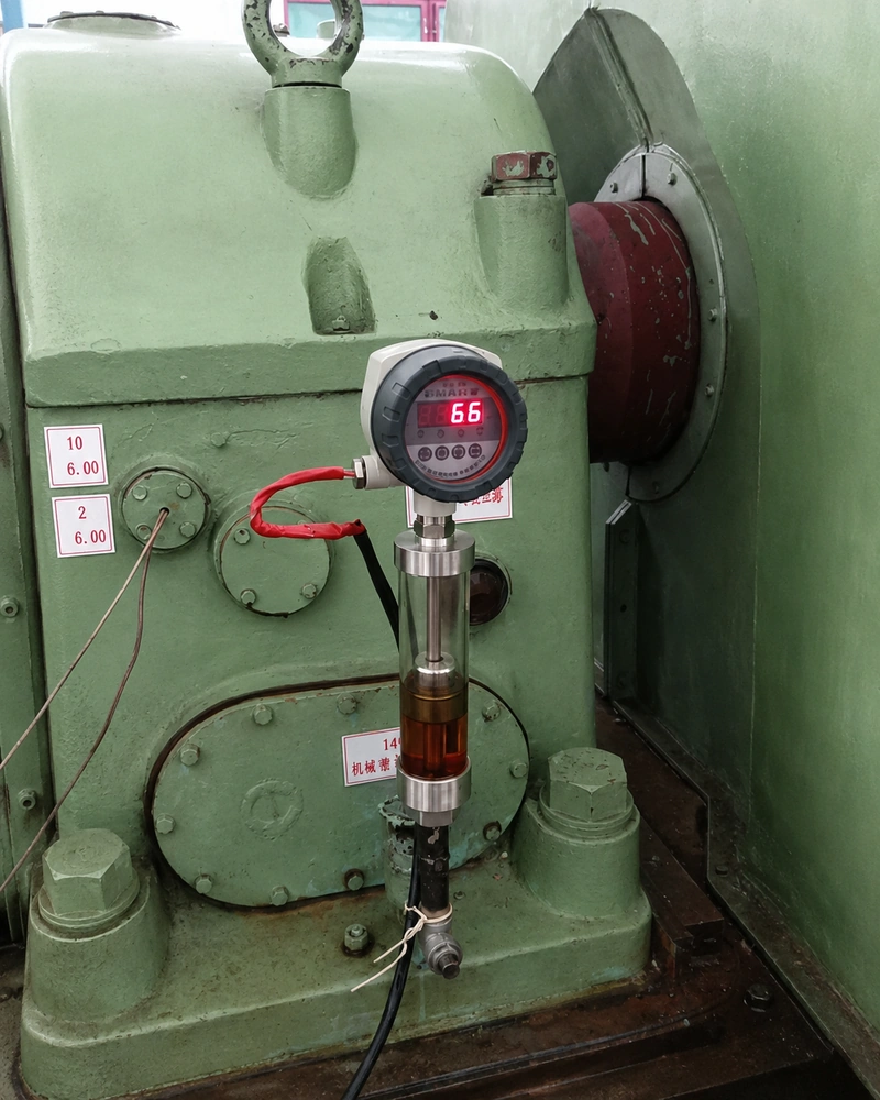 Tubular oil level gauge installed on industrial equipment.