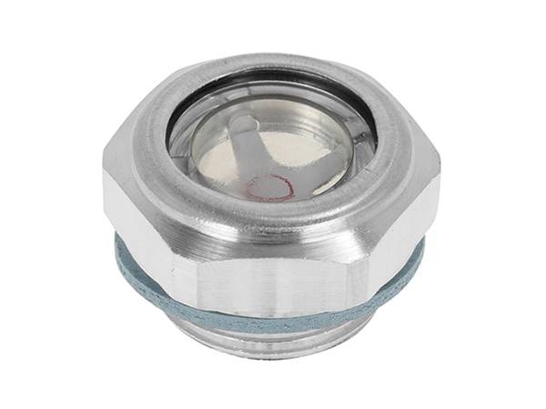 An oil sight glass made of aluminum alloy with glass window on the white background.
