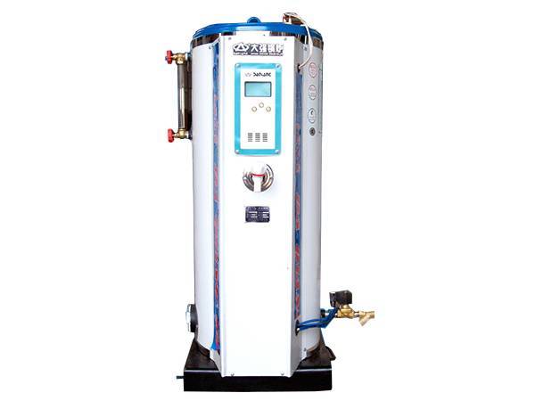 Two brass valves set with red handles installed on a gas steam boiler.